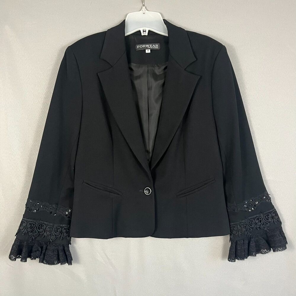 Vtg Forwear New York Women's Blazer Sz 8 Black Shoulder Pads‎ Regency Victorian